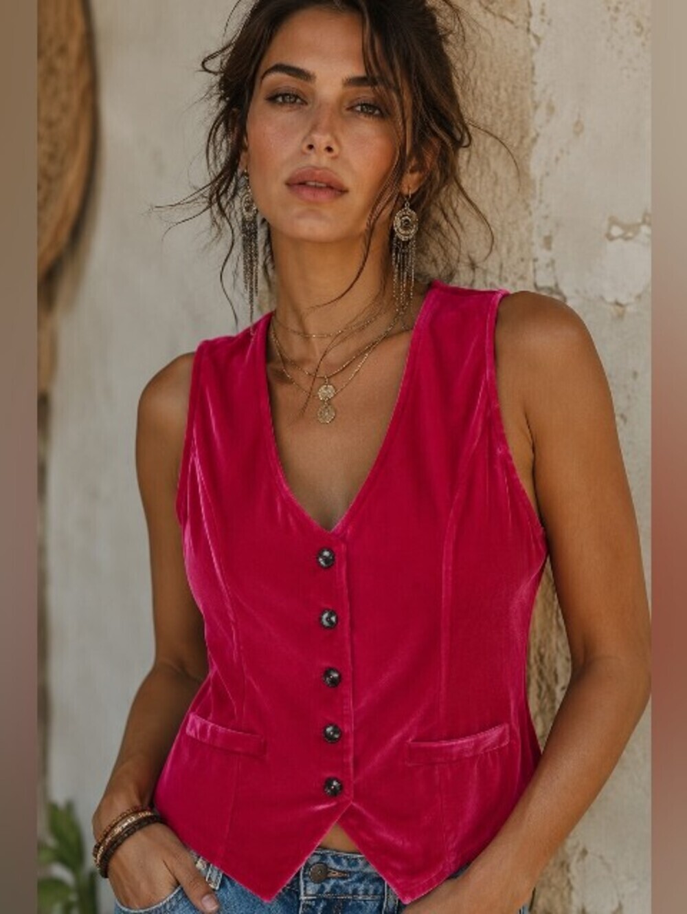 Vibrant Pink Velvet Button-Up Top/Vest